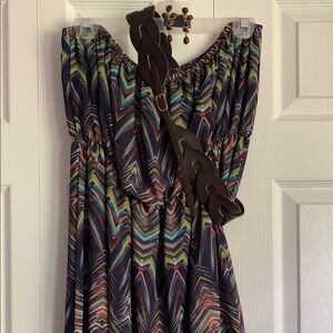 Sweet Pea Navy and Brown Asymmetrical Strapless Sundress